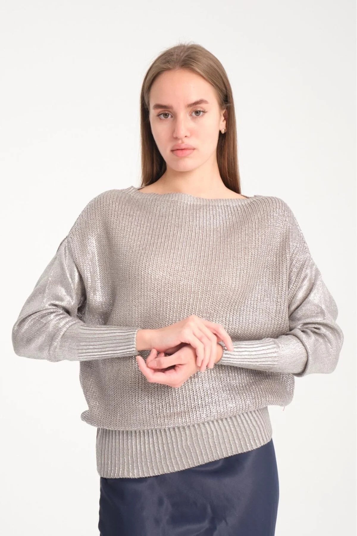 Kadın kazak parlak varak baskı ışıltılı triko Uzunkol şık kazak 3523