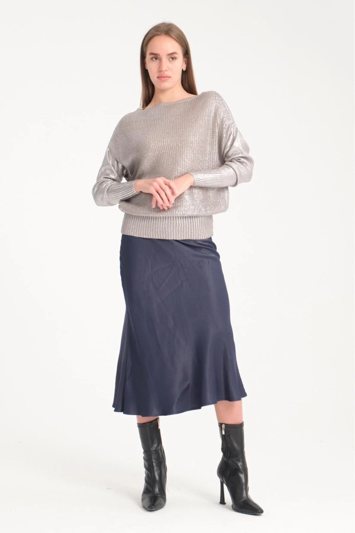 Kadın kazak parlak varak baskı ışıltılı triko Uzunkol şık kazak 3523