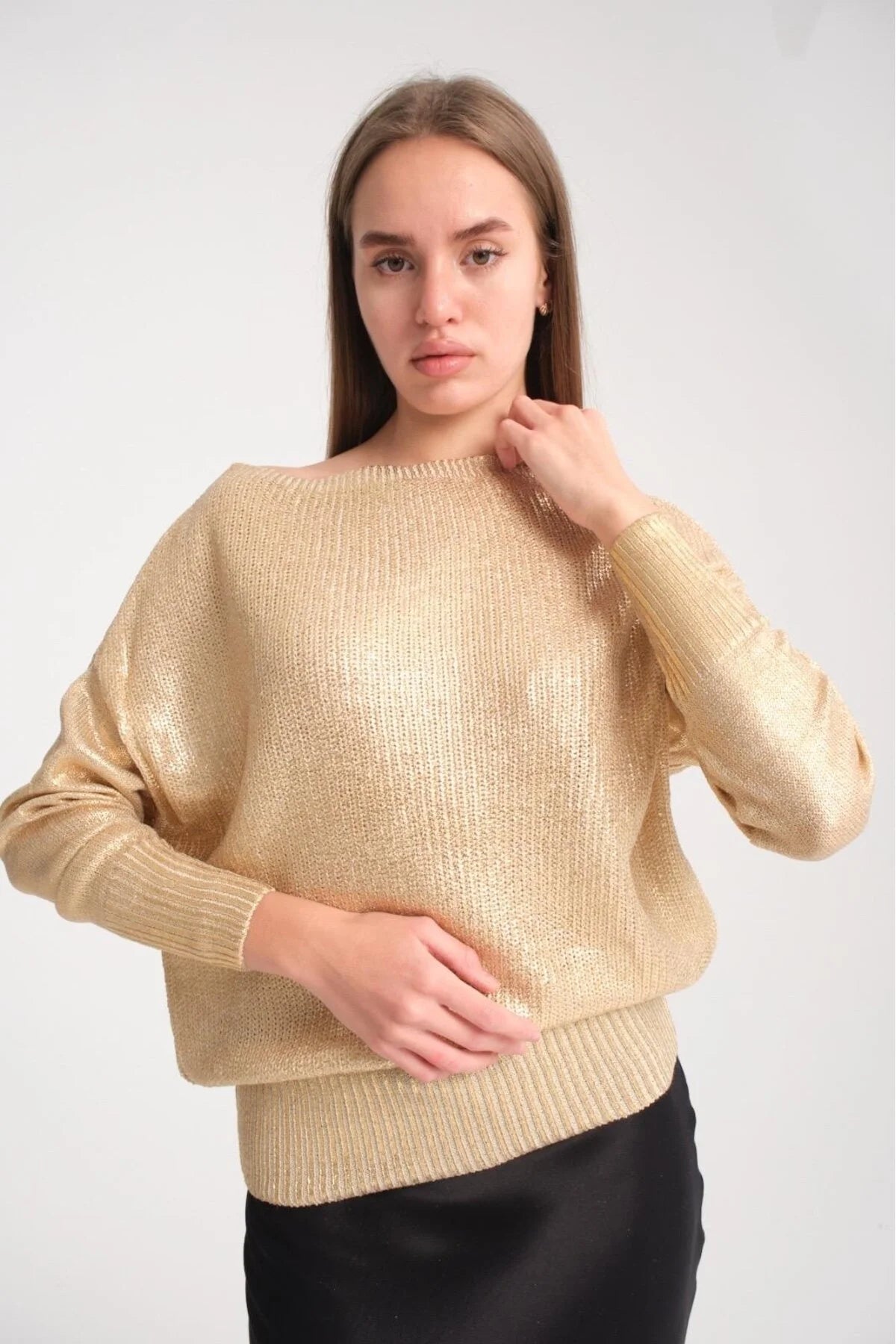 Kadın kazak parlak varak baskı ışıltılı triko Uzunkol şık kazak 3523