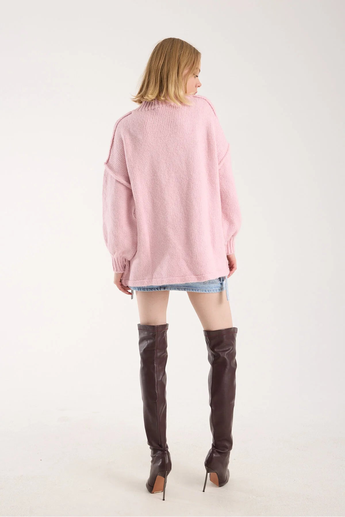 Yumoş ip ters dikiş oversize kadın kazak dik yaka 6513