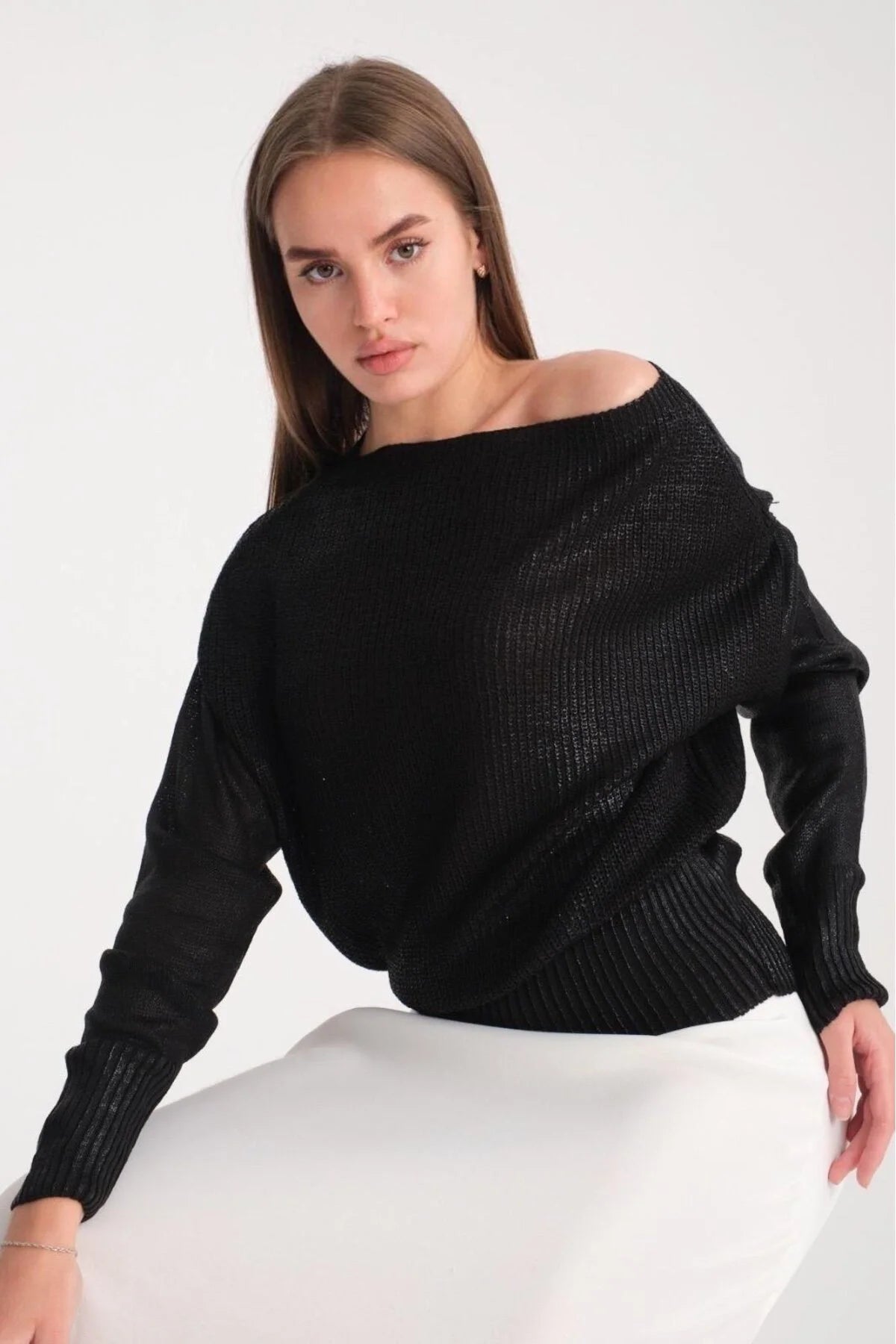 Kadın kazak parlak varak baskı ışıltılı triko Uzunkol şık kazak 3523