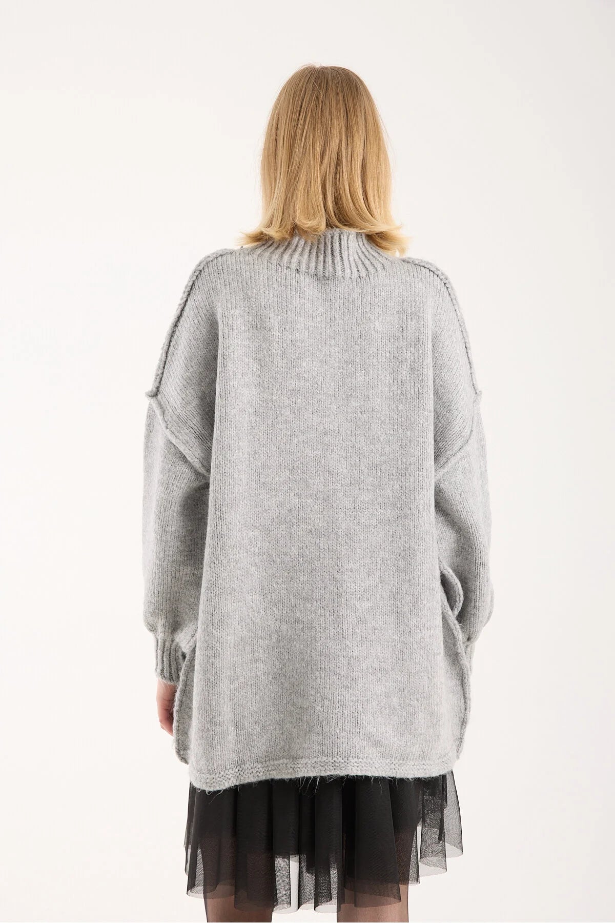 Yumoş ip ters dikiş oversize kadın kazak dik yaka 6513