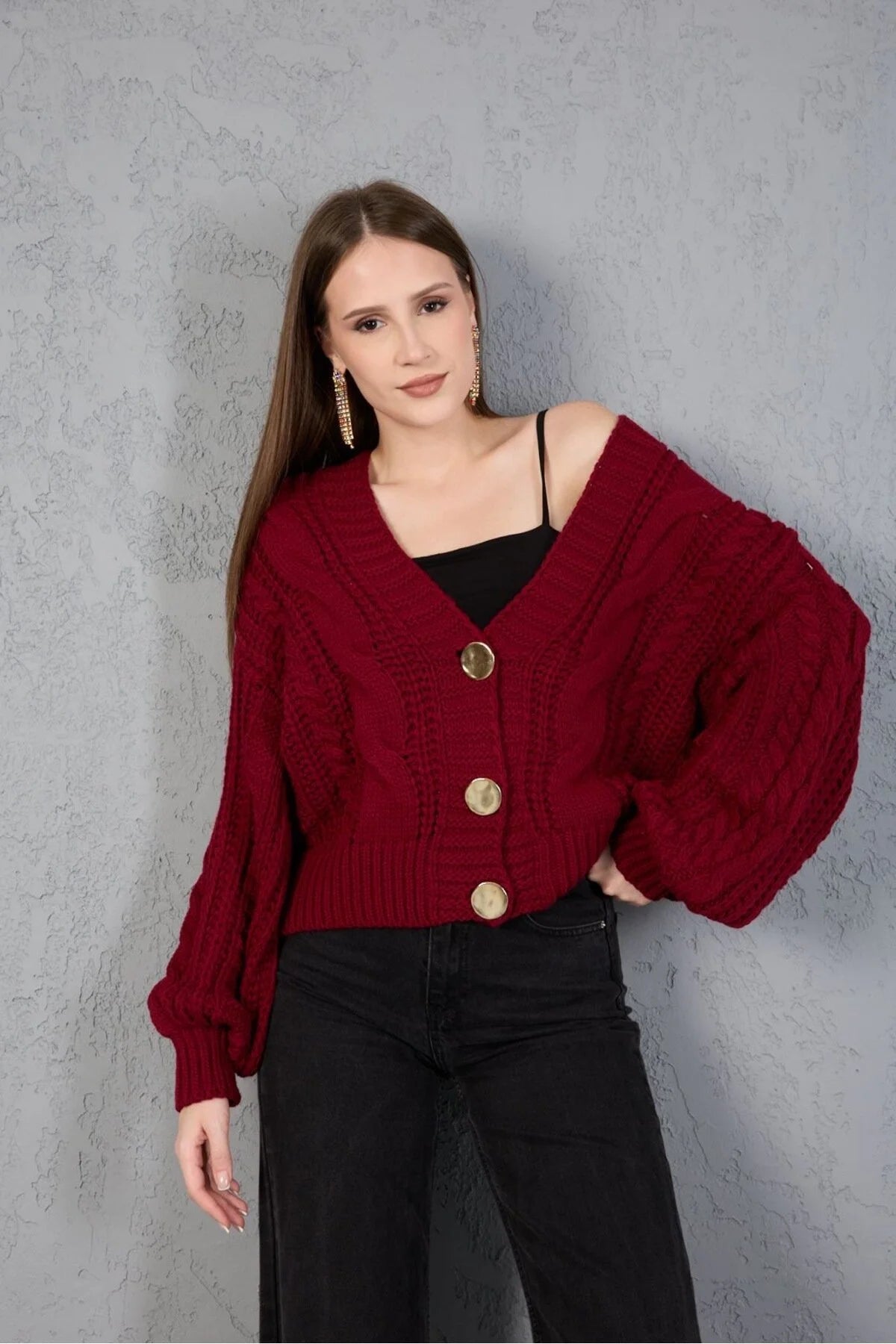 Kadın Triko Hırka Kazak V Yaka Düğmeli Kalın Yumuşak Şık Trend 3536