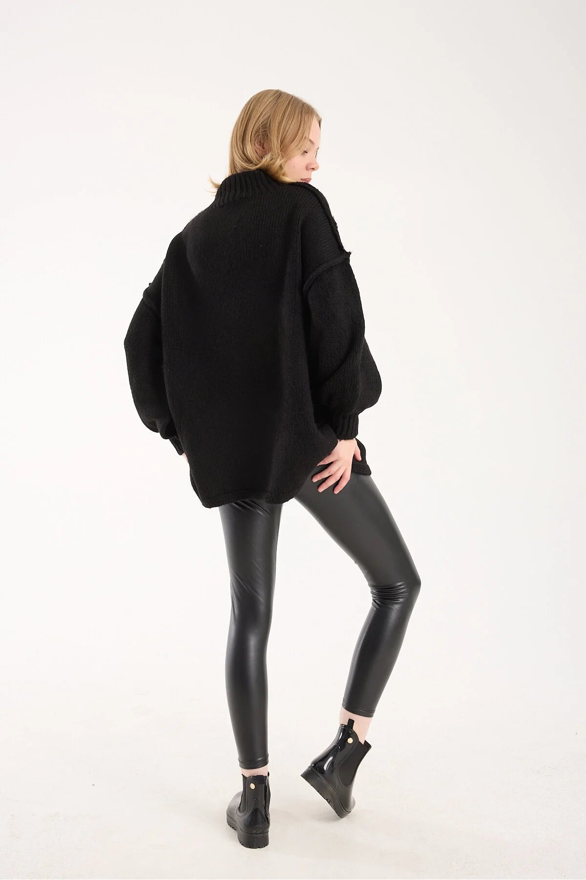 Yumoş ip ters dikiş oversize kadın kazak dik yaka 6513