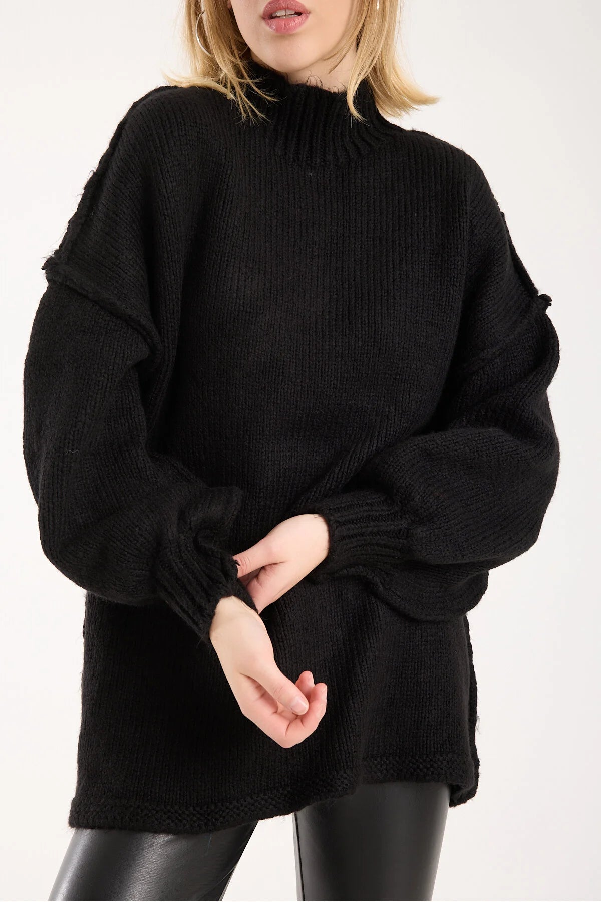 Yumoş ip ters dikiş oversize kadın kazak dik yaka 6513