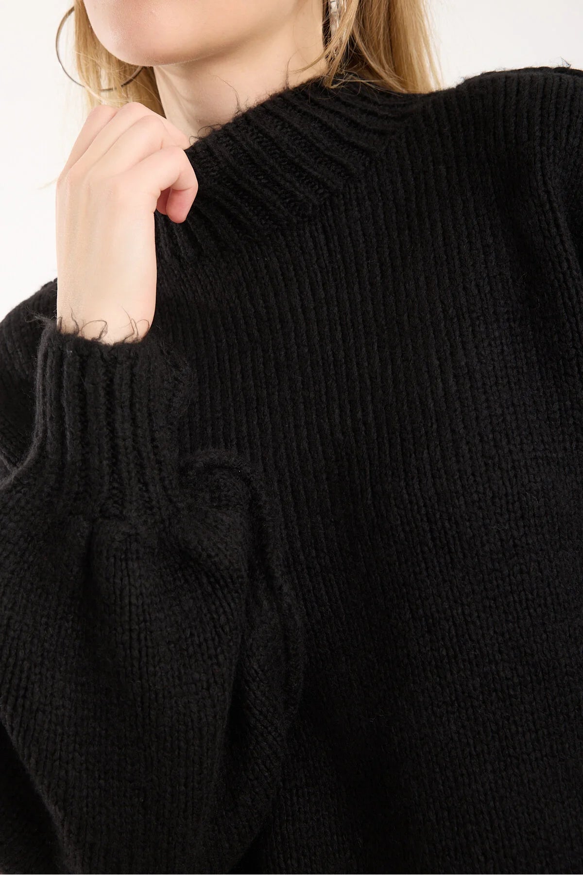 Yumoş ip ters dikiş oversize kadın kazak dik yaka 6513