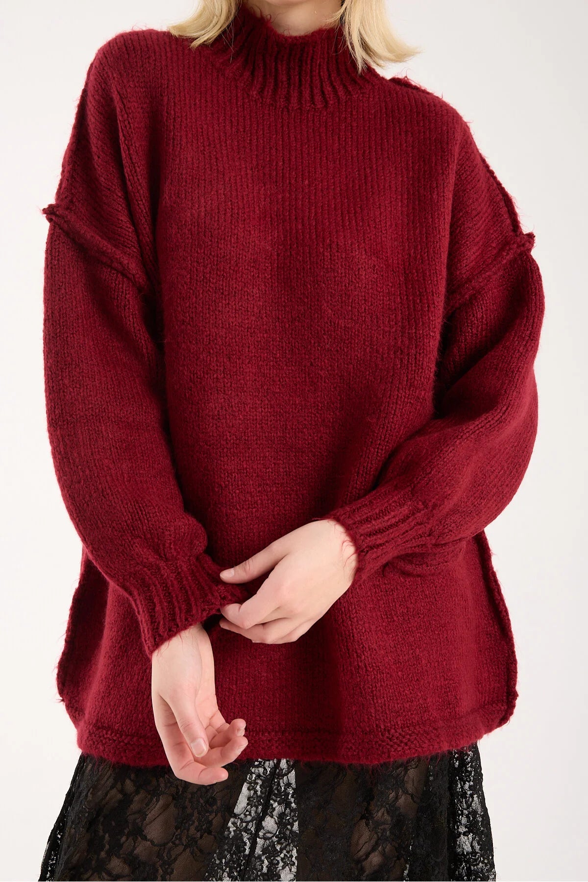 Yumoş ip ters dikiş oversize kadın kazak dik yaka 6513