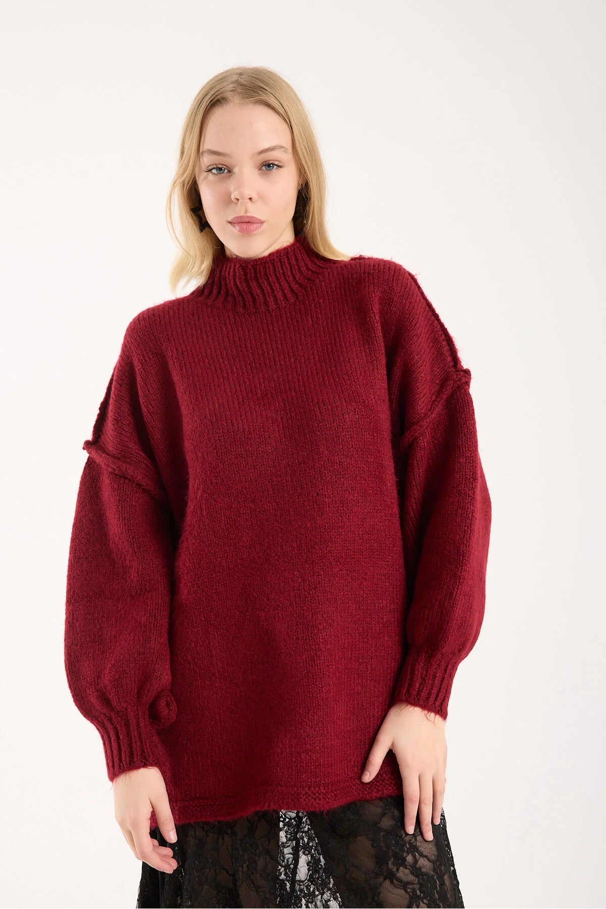 Yumoş ip ters dikiş oversize kadın kazak dik yaka 6513