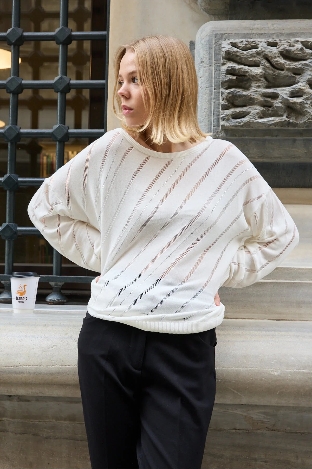 Kadın triko kazak yumuşak doku viskon ip geniş yaka 3514