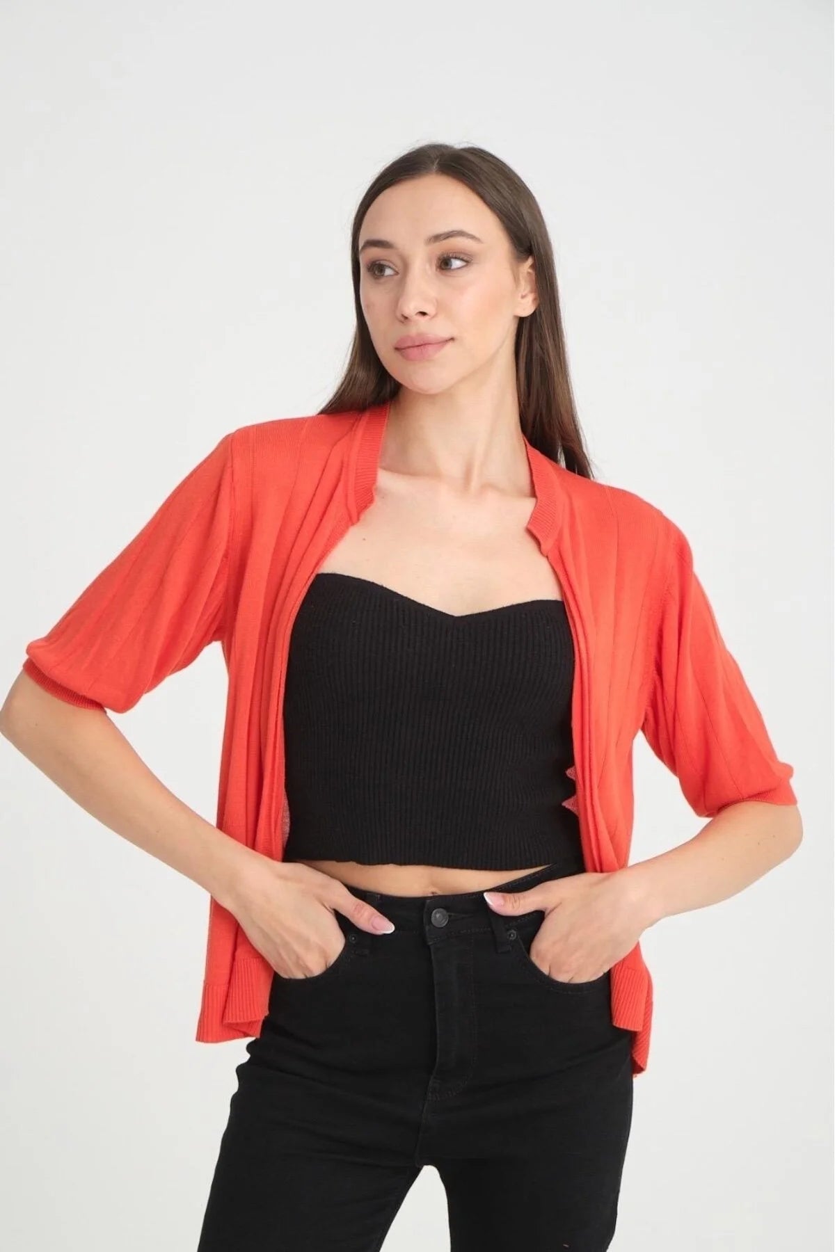 kadın triko hırka kısa kollu basic viskon tasarım trend moda 3426