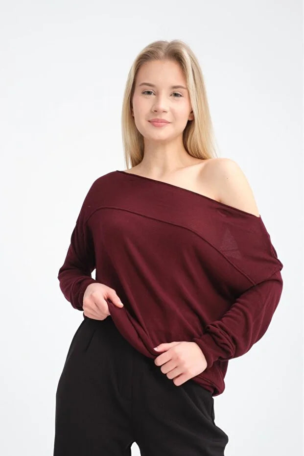 Kadın triko kazak Düşük Omuz İnce Viskon Triko Örme Kazak 8540