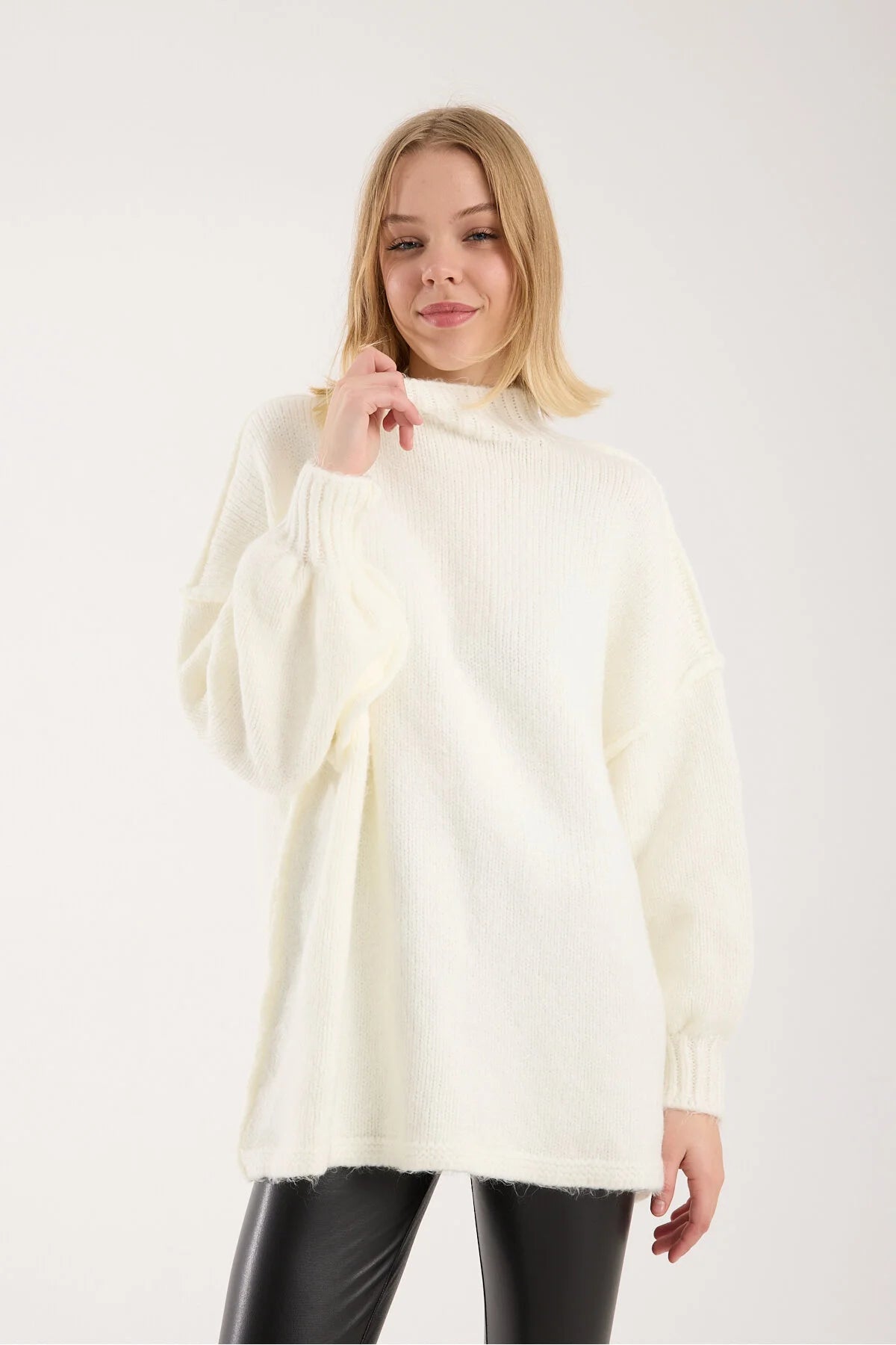 Yumoş ip ters dikiş oversize kadın kazak dik yaka 6513