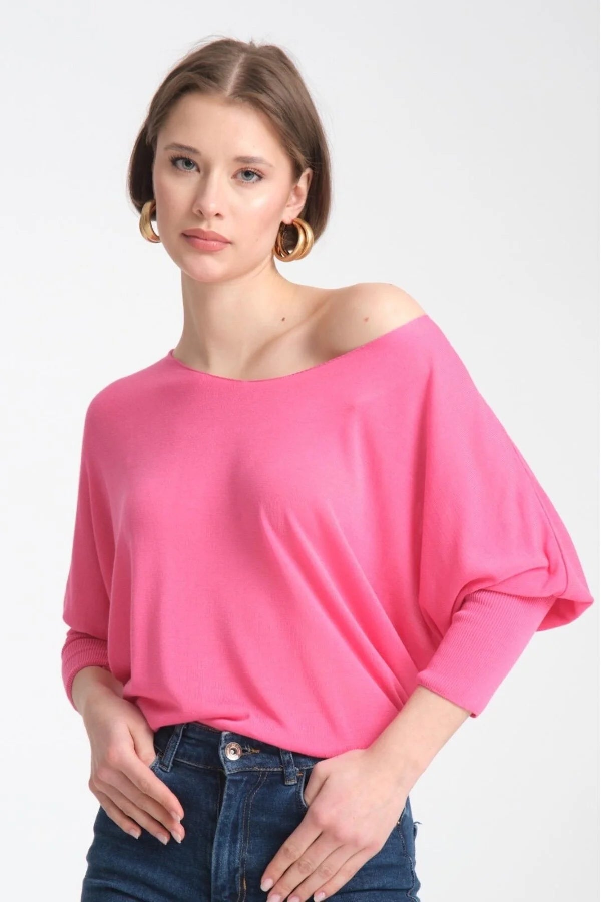 Kadın Giyim Bluz Ince Kazak U Yaka Omuz Düşük Uzunkol Rahat Kalıp Ince Viskon Üst Giyim 3500