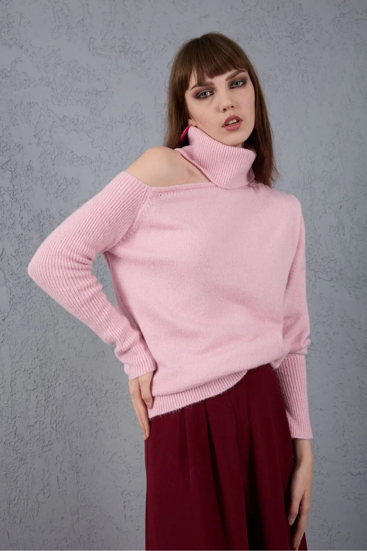 Kadın Triko Kazak Yumoş Omzu Açık Trend Yeni Yıl Kayak Rahat Kesim 6512