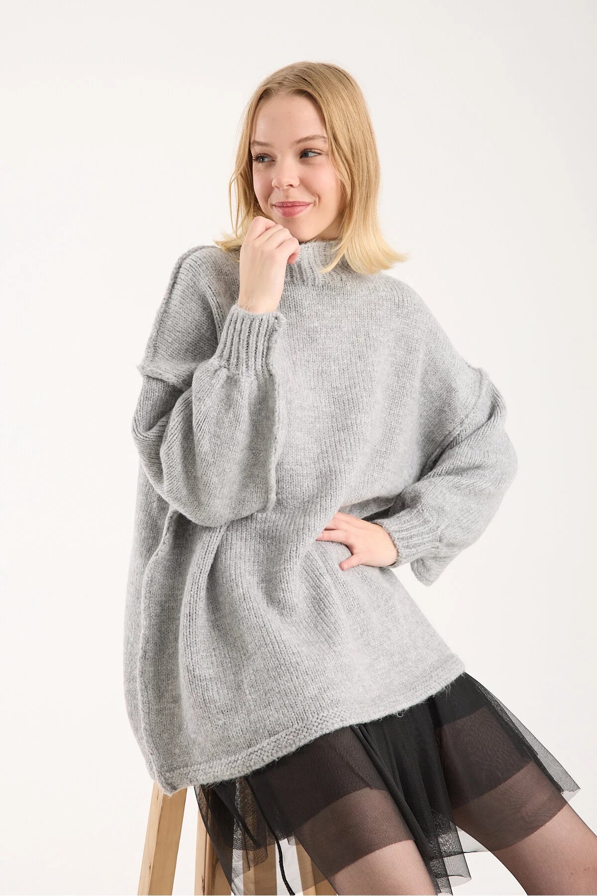 Yumoş ip ters dikiş oversize kadın kazak dik yaka 6513