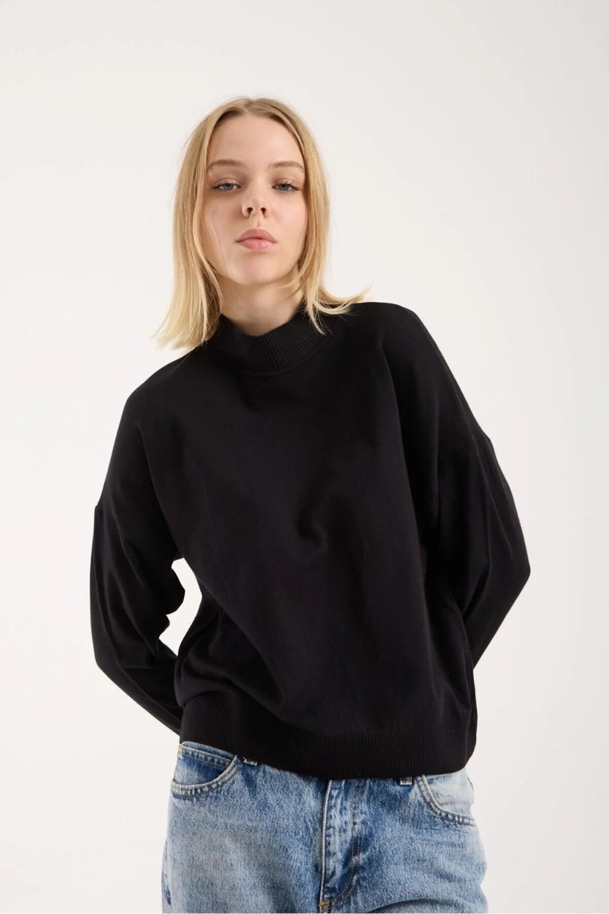 Kadın triko kazak yumuşak doku dik yaka basic 3522