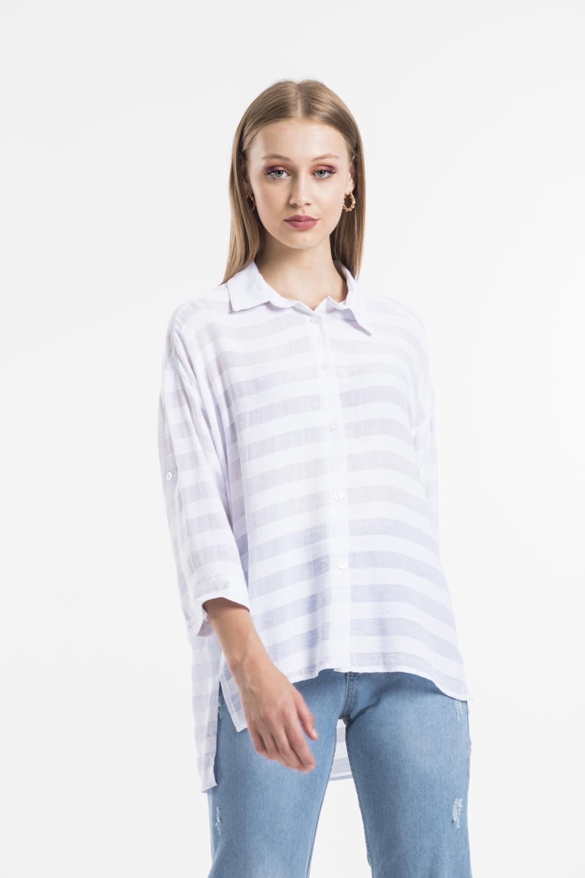 Kadın Giyim Gömlek Keten Görünümlü Bej Rengi Hafif Serin Tutan Yazlık Şıklık Rahat Kalıp 5180