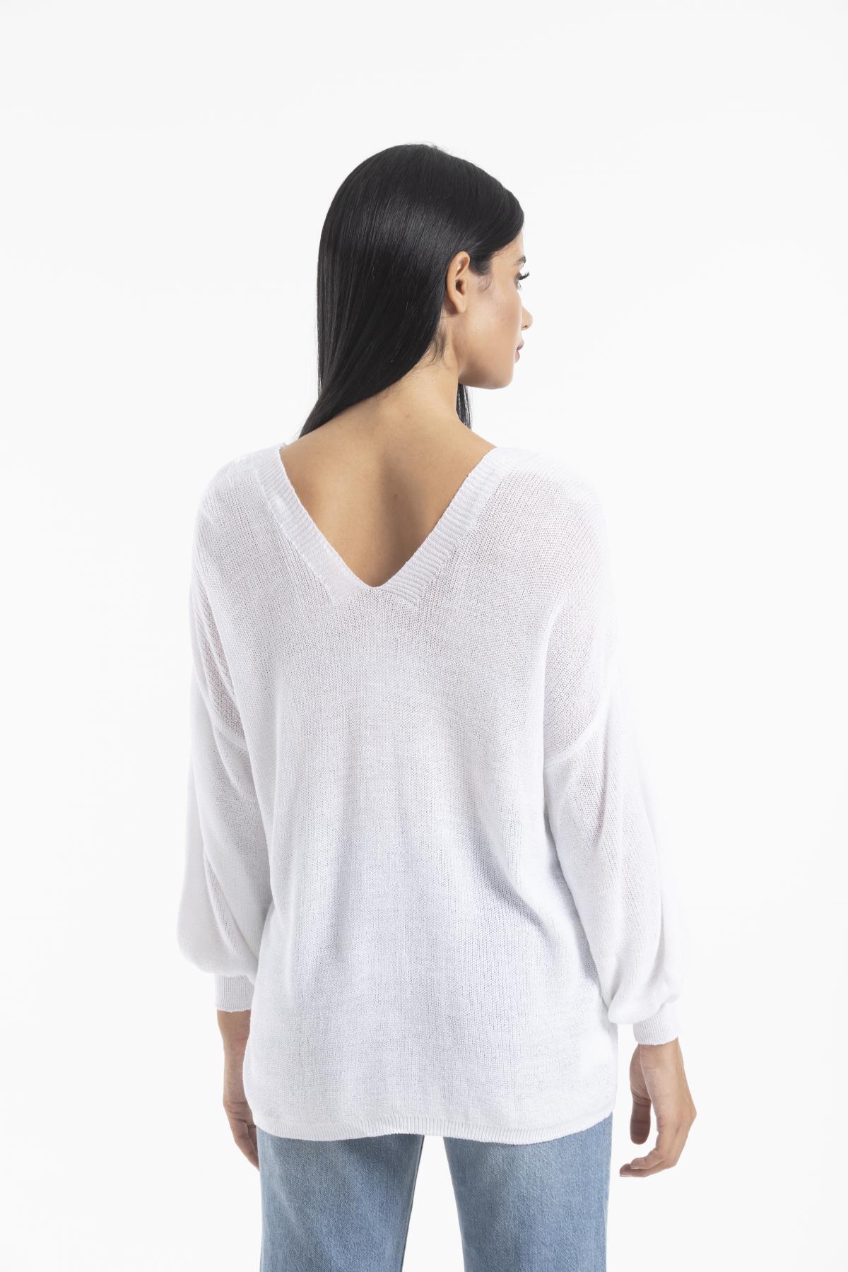 Kadın Giyim Bluz Merserize Kazak Ön Arka V Yaka Balon Kol Ince Merserize Triko Örme Salaş Kazak 3276