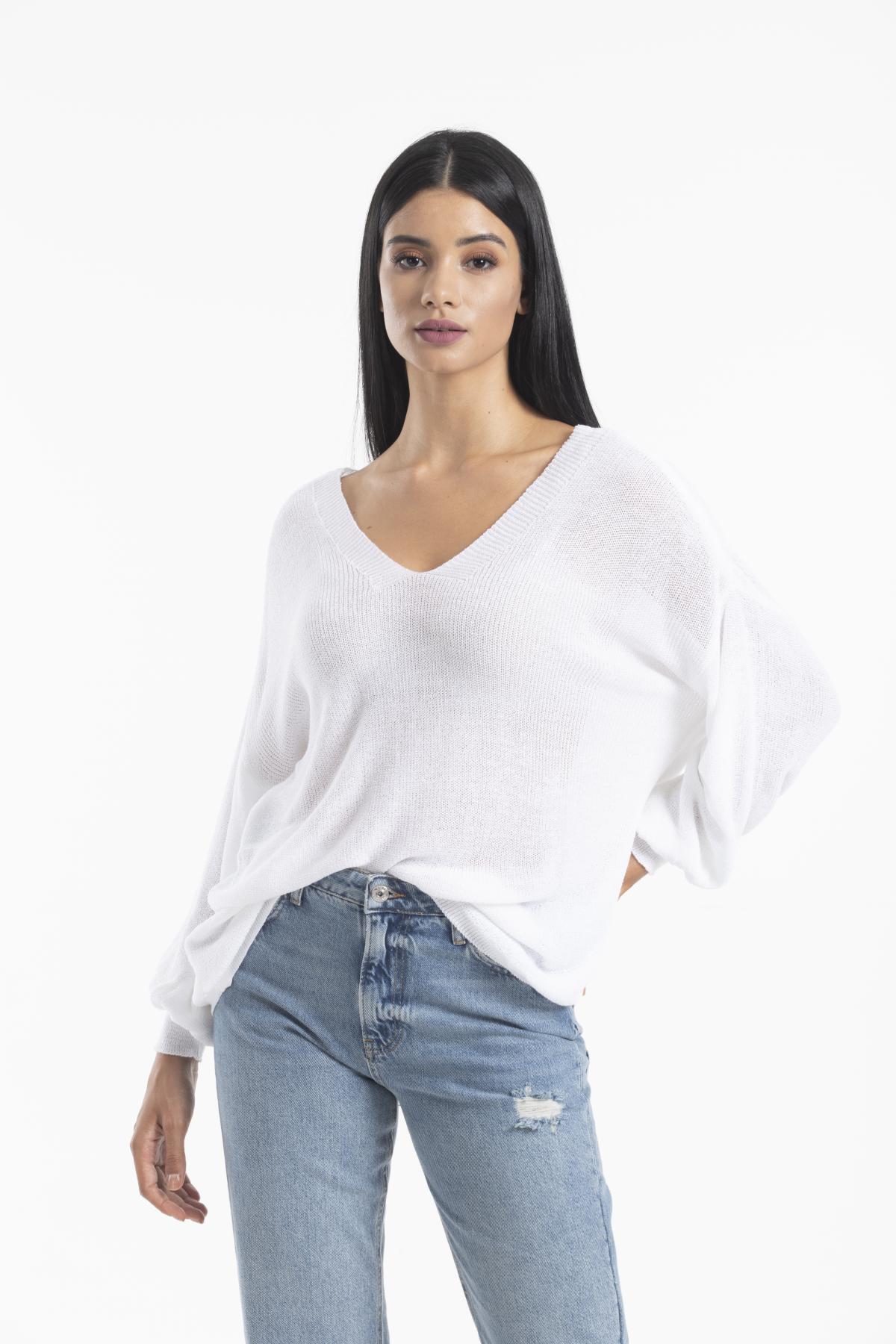 Kadın Giyim Bluz Merserize Kazak Ön Arka V Yaka Balon Kol Ince Merserize Triko Örme Salaş Kazak 3276