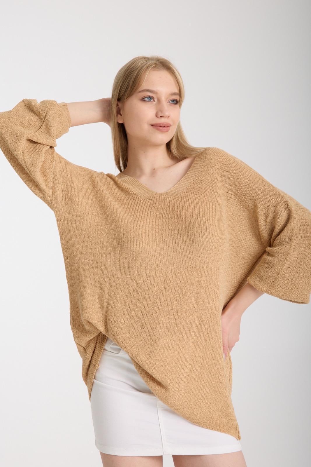 Kadın Giyim Bluz Merserize Kazak Ön Arka V Yaka Balon Kol Ince Merserize Triko Örme Salaş Kazak 3276