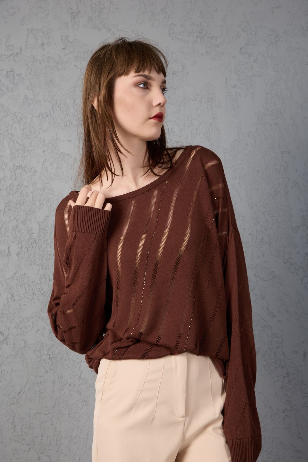 Kadın triko kazak yumuşak doku viskon ip geniş yaka 3514