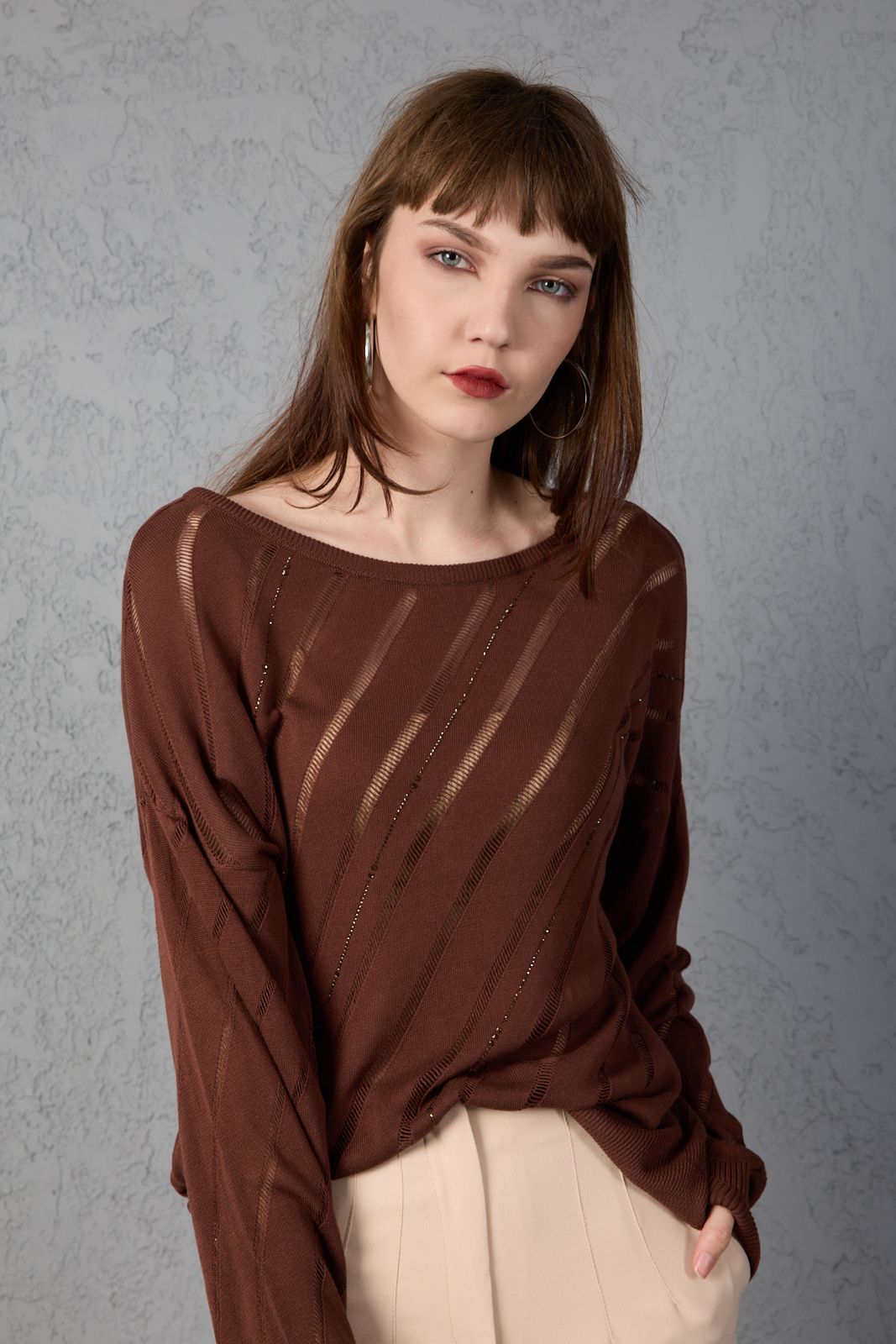 Kadın triko kazak yumuşak doku viskon ip geniş yaka 3514