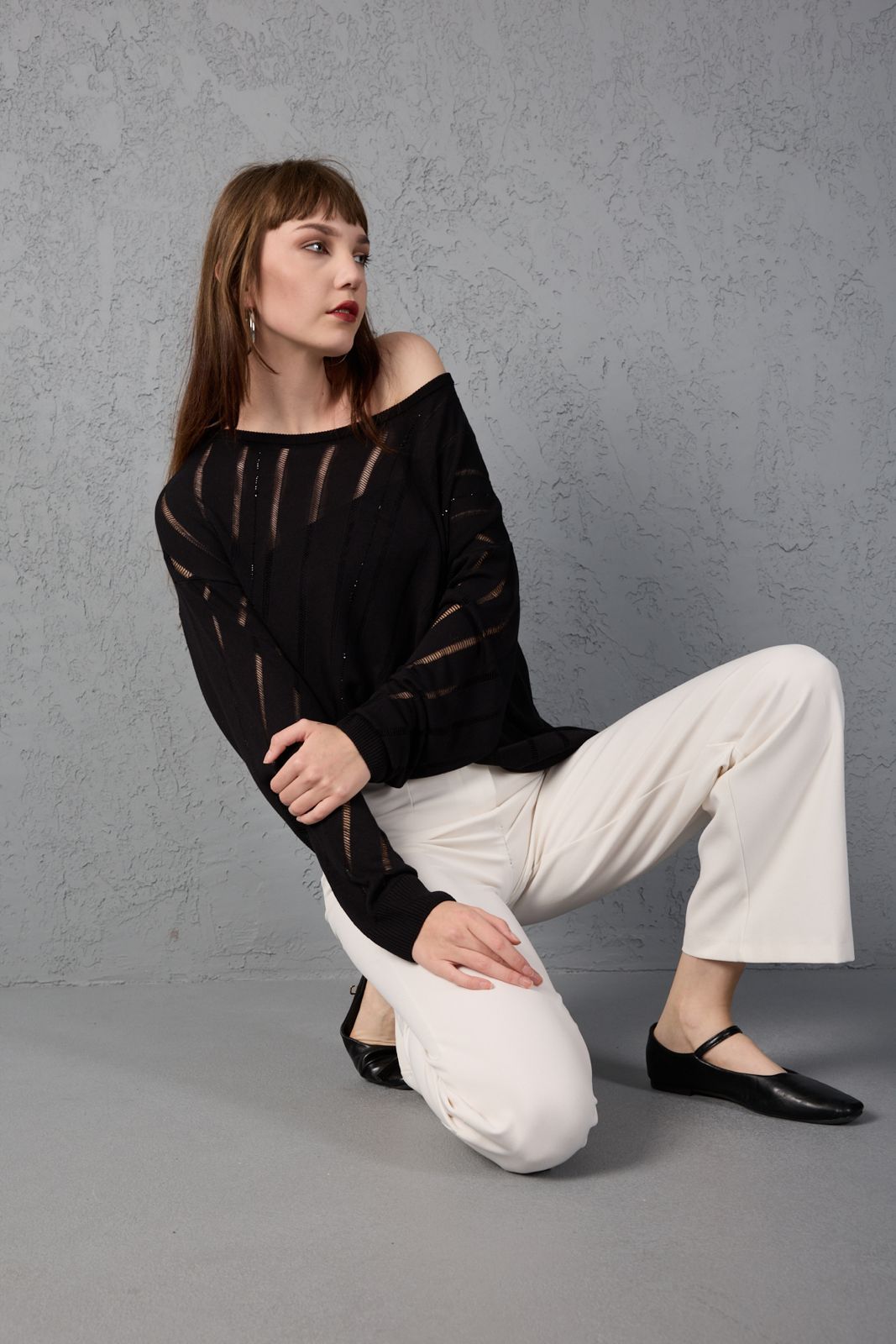 Kadın triko kazak yumuşak doku viskon ip geniş yaka 3514