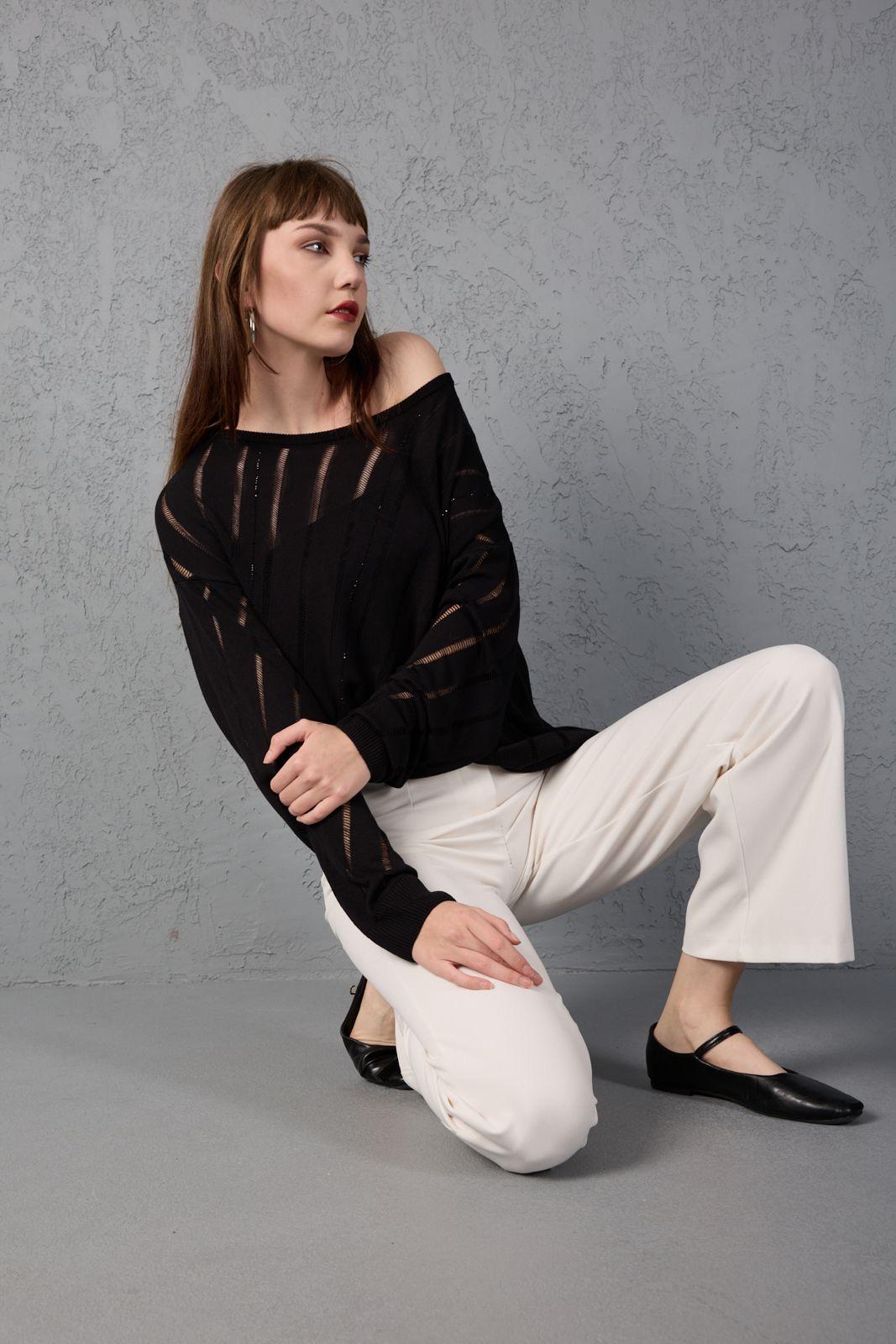 Kadın triko kazak yumuşak doku viskon ip geniş yaka 3514