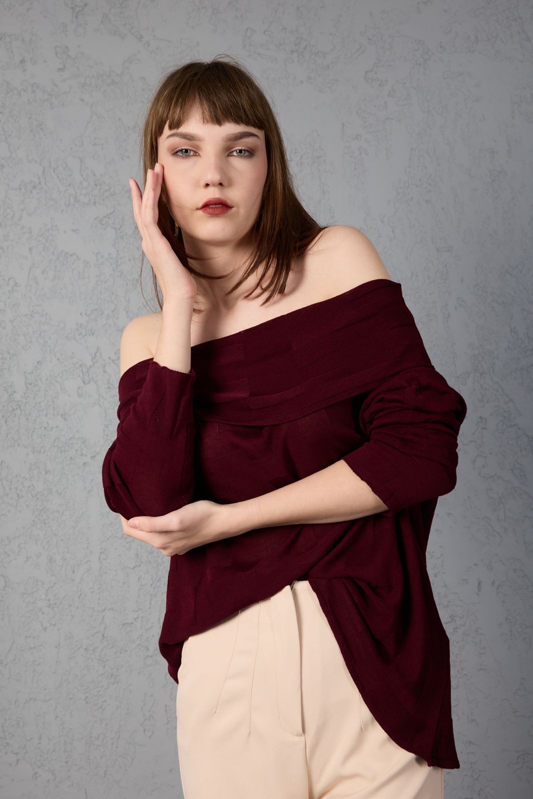 Kadın Triko Kazak ince Merserize Omuzu Açık Trend Sokak Stili 3517