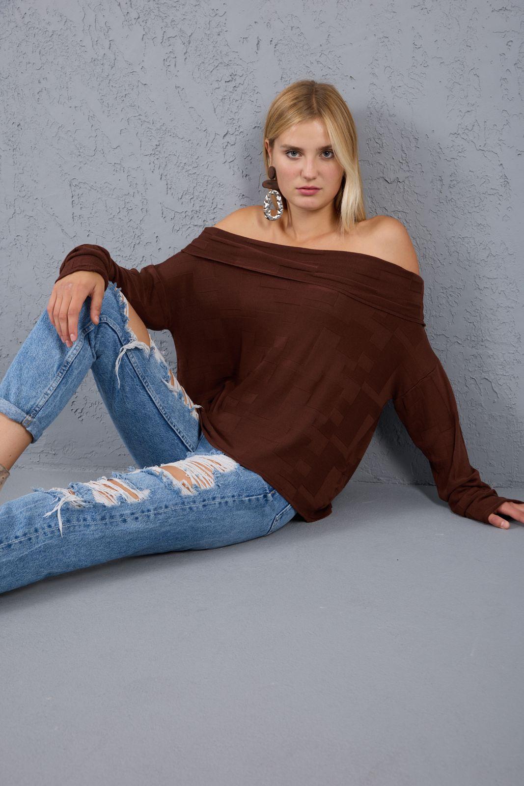 Kadın Triko Kazak ince Merserize Omuzu Açık Trend Sokak Stili 3517