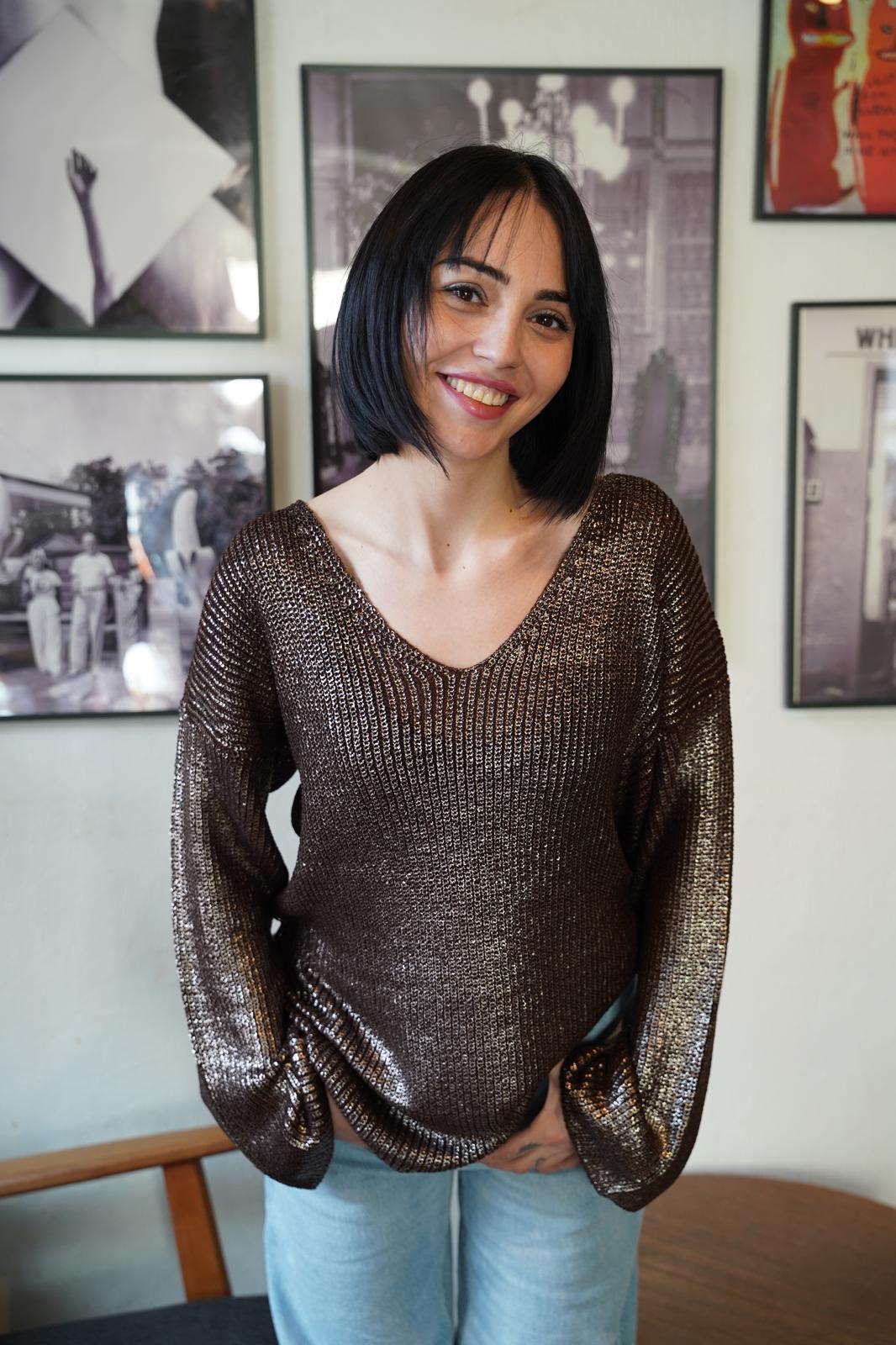 Kadın Triko Kazak Varak Kaplama Yeni Yıl Işıltılı V Yaka Parlak Uzun Kazak 3524