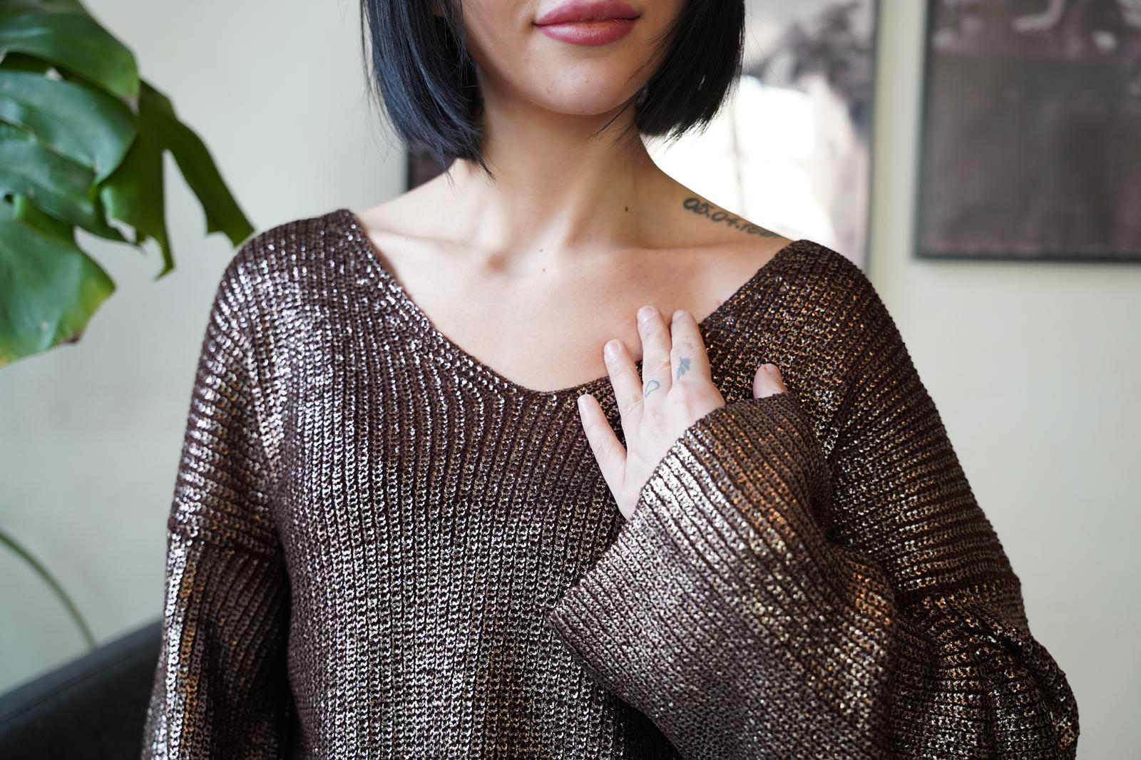 Kadın Triko Kazak Varak Kaplama Yeni Yıl Işıltılı V Yaka Parlak Uzun Kazak 3524