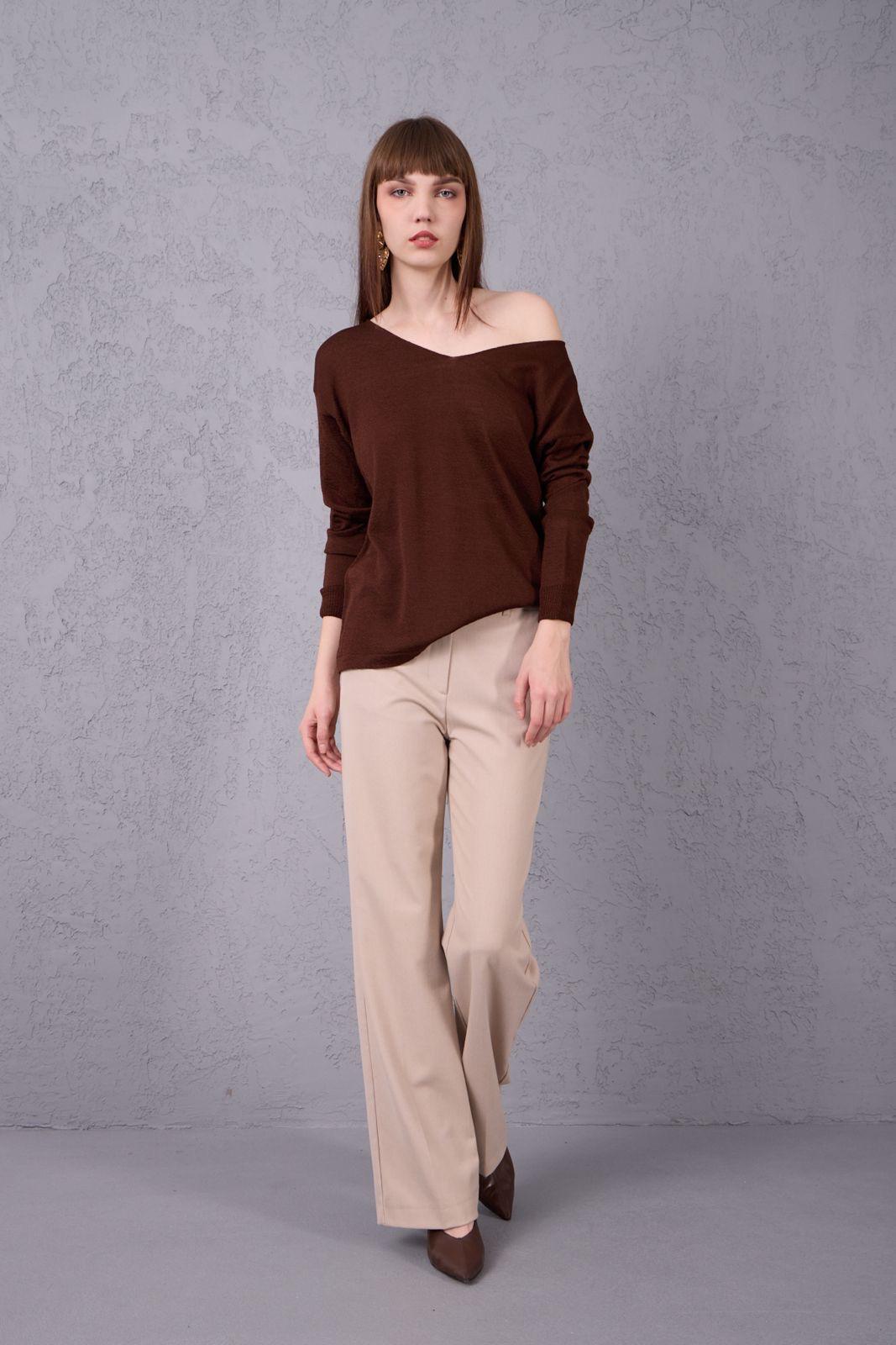 Kadın Triko Kazak V yaka Basic Yumuşak Doku Merserize Trend Ofis Şıklığı 3534