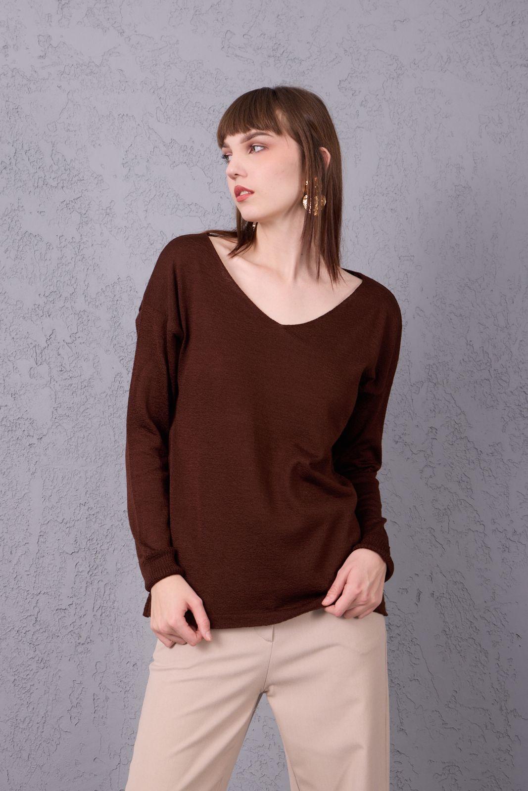 Kadın Triko Kazak V yaka Basic Yumuşak Doku Merserize Trend Ofis Şıklığı 3534