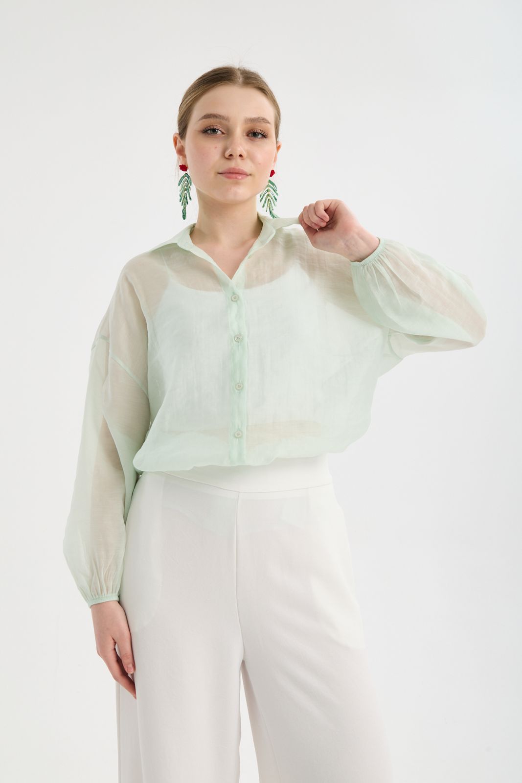 Kadın Rahat Kalıp Transparan Oversize Yazlık Gömlek 5734