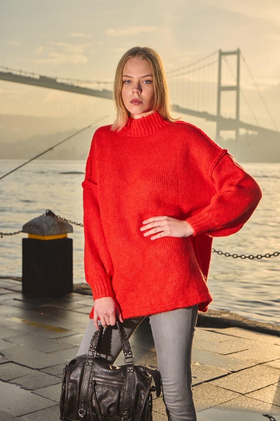 Yumoş ip ters dikiş oversize kadın kazak dik yaka 6513