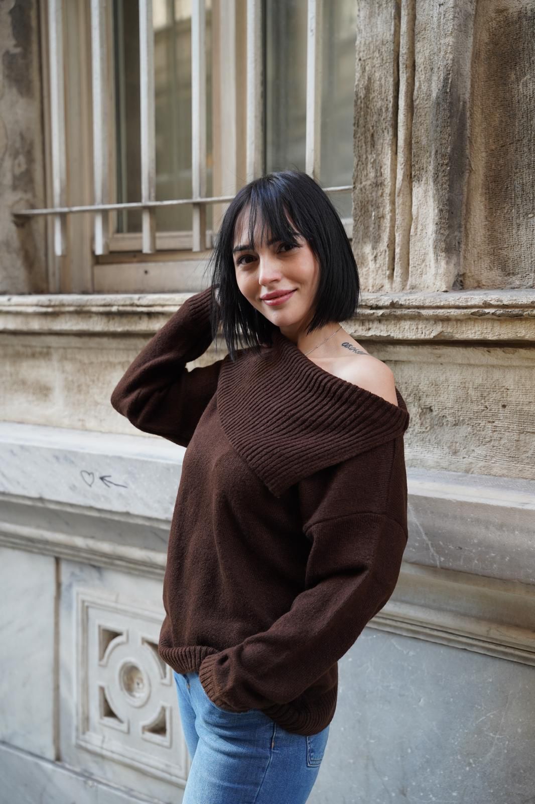 kadın yumoş kalın yumuşak omzu açık kazak 6518