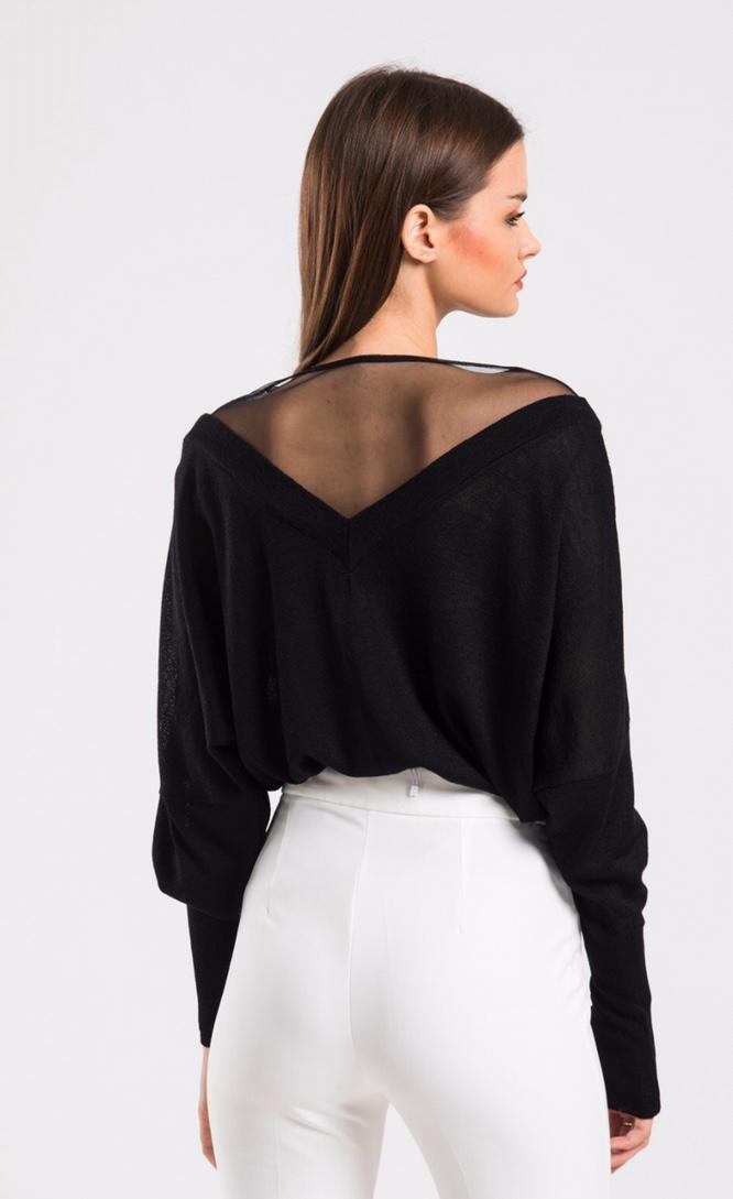 Yakası Tül Detaylı Ön Arka V Yaka Merserize Triko Kadın Kazak 8507