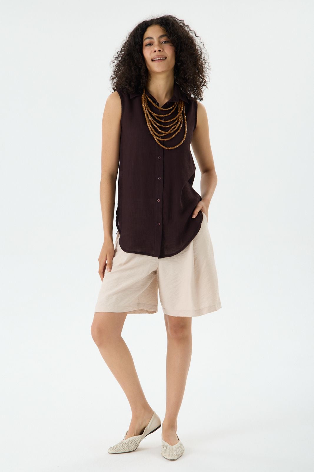 Kadın Kolsuz Keten Pamuklu Kalçayı Kapatan Uzun Gömlek 5736
