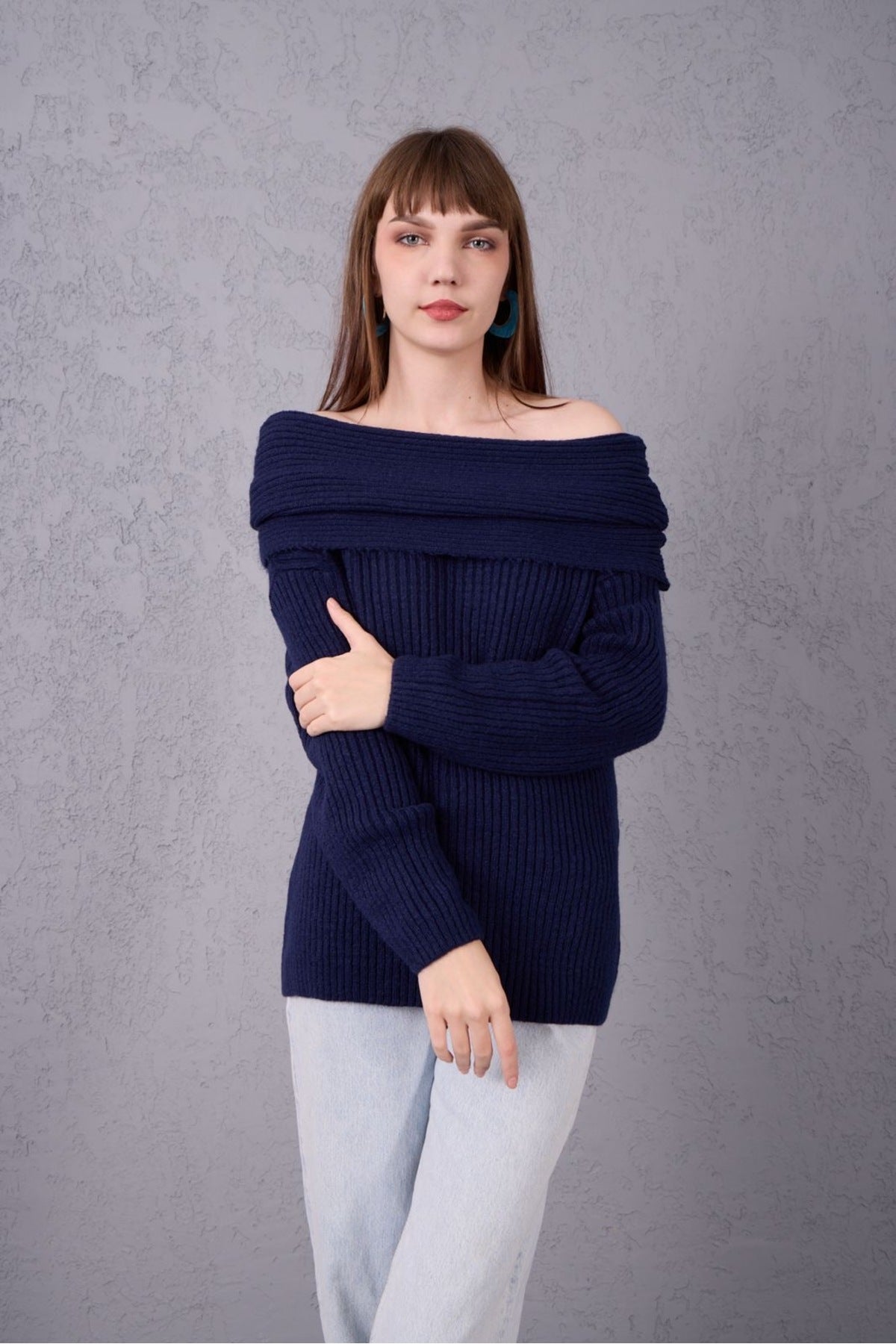 kadın yumoş kalın yumuşak Madonna yaka şık triko uzun kol kazak 3465