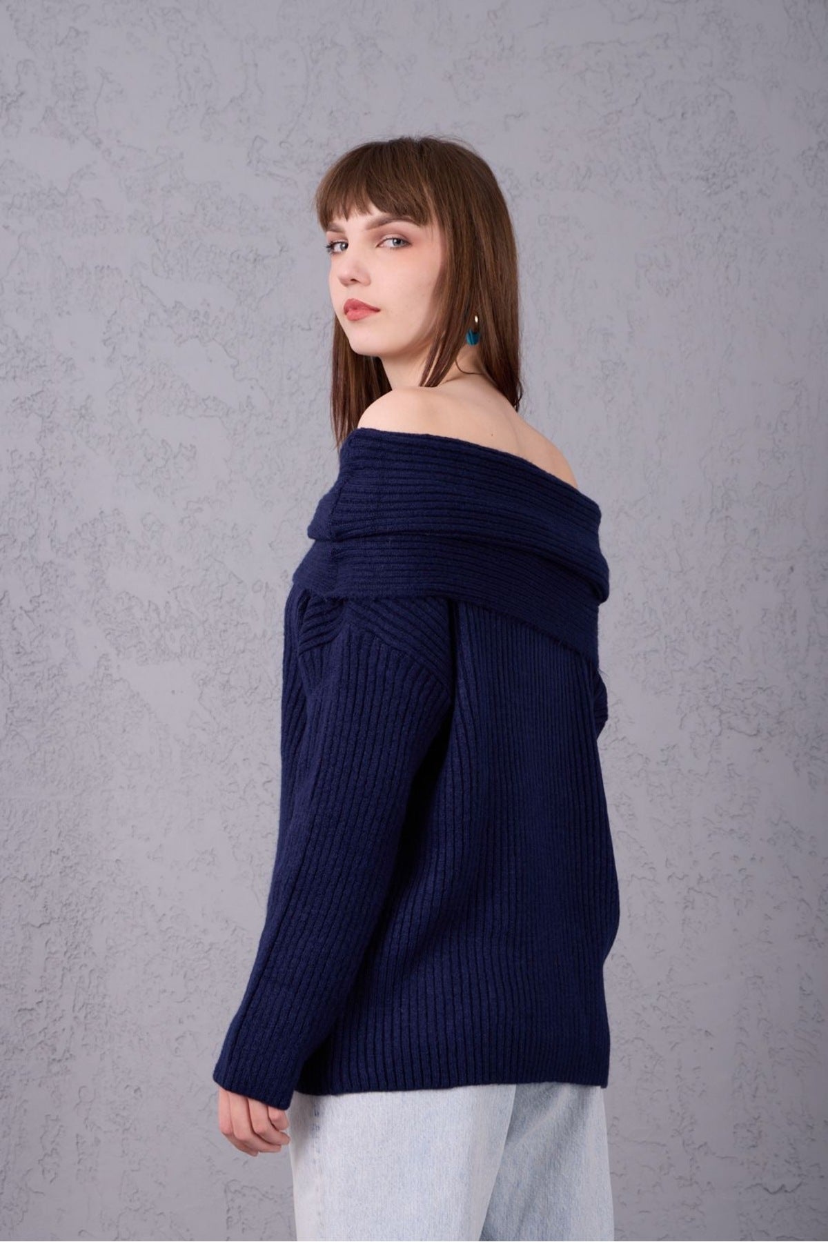 kadın yumoş kalın yumuşak Madonna yaka şık triko uzun kol kazak 3465