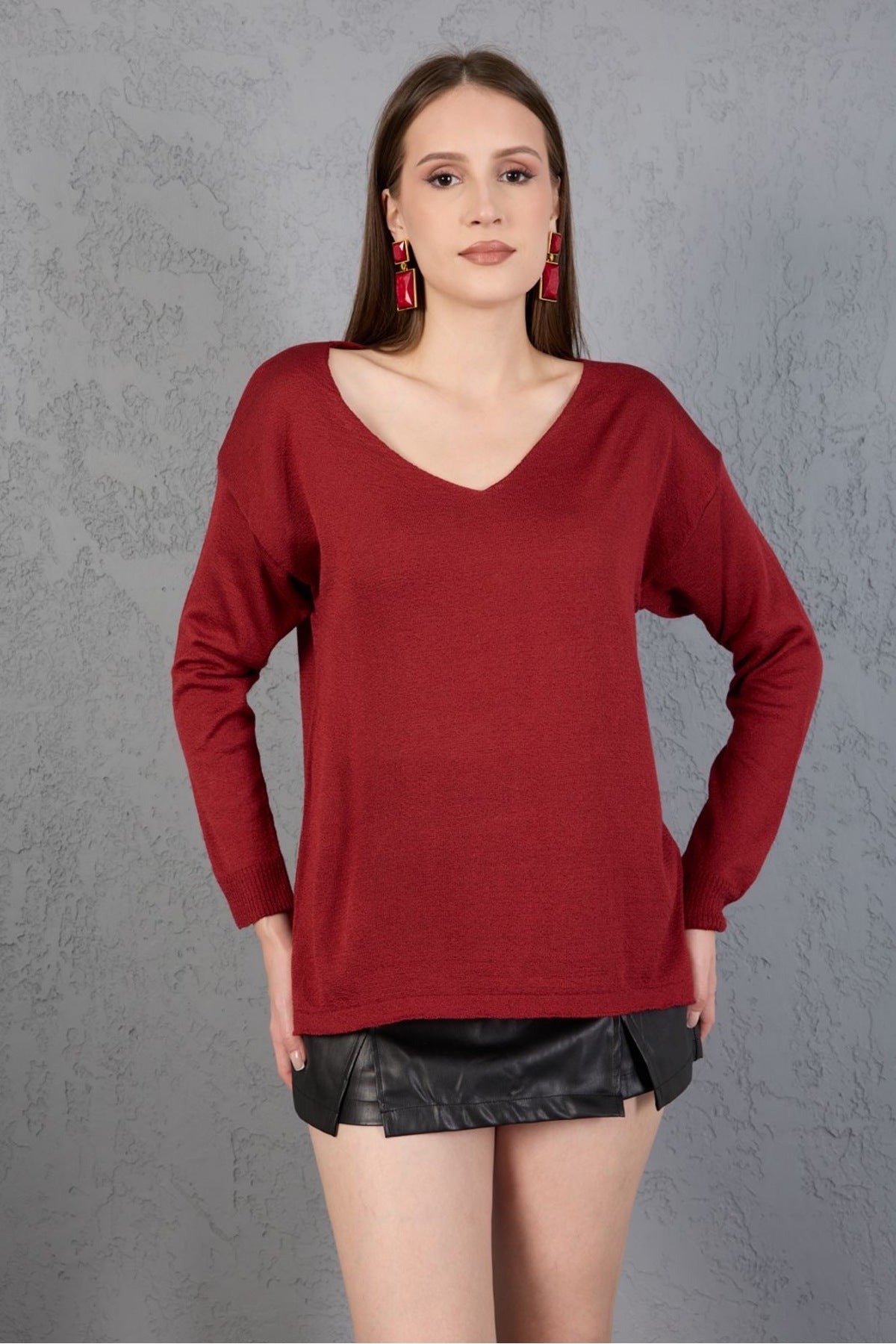 Kadın Triko Kazak V yaka Basic Yumuşak Doku Merserize Trend Ofis Şıklığı 3534