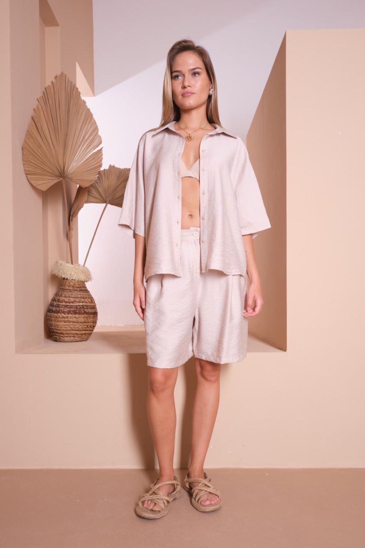kadın şort gömlek takım keten rahat kalıp 5723