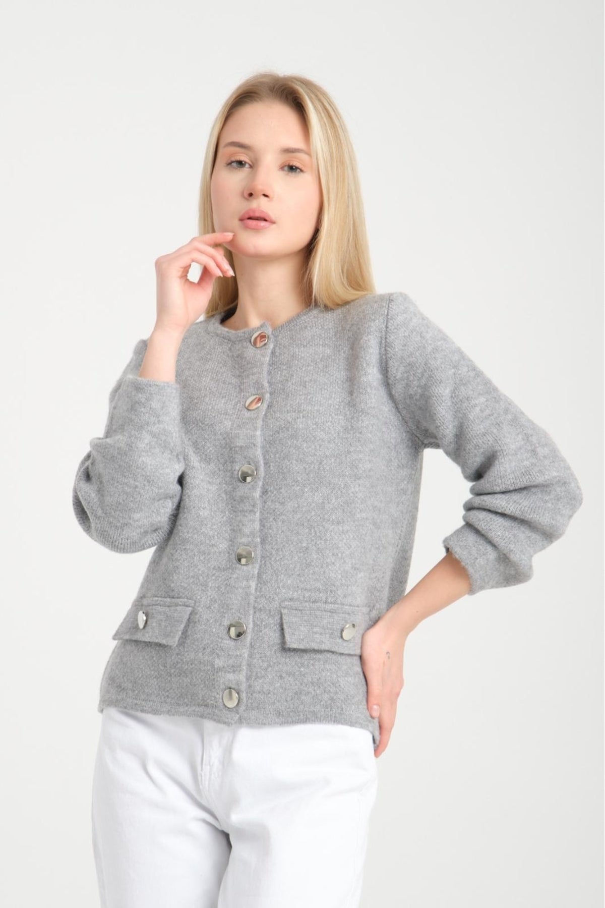 kadın triko hırka düğmeli uzunkol yumoş bisiklet yaka rahat kalıp hırka 3475