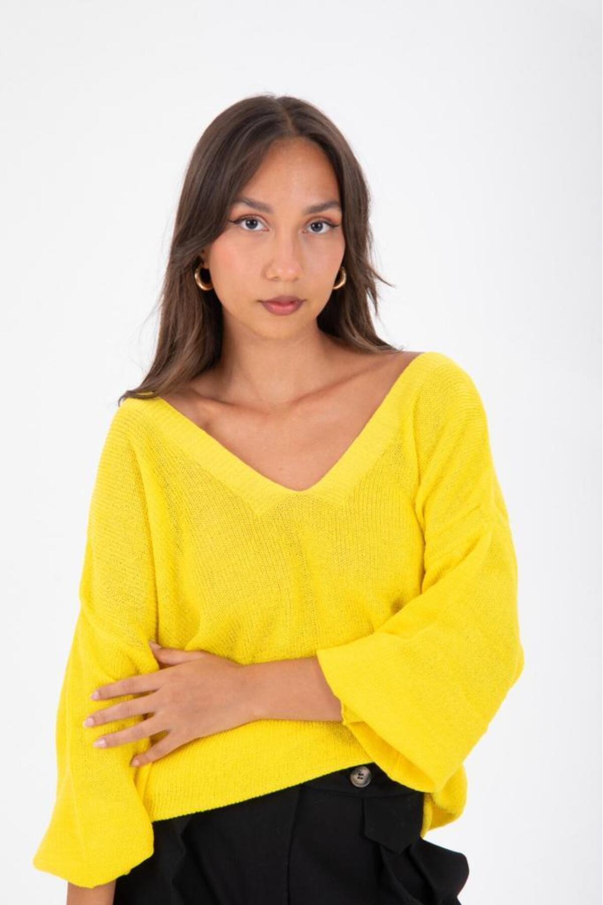 Kadın Giyim Bluz Merserize Kazak Ön Arka V Yaka Balon Kol Ince Merserize Triko Örme Salaş Kazak 3276