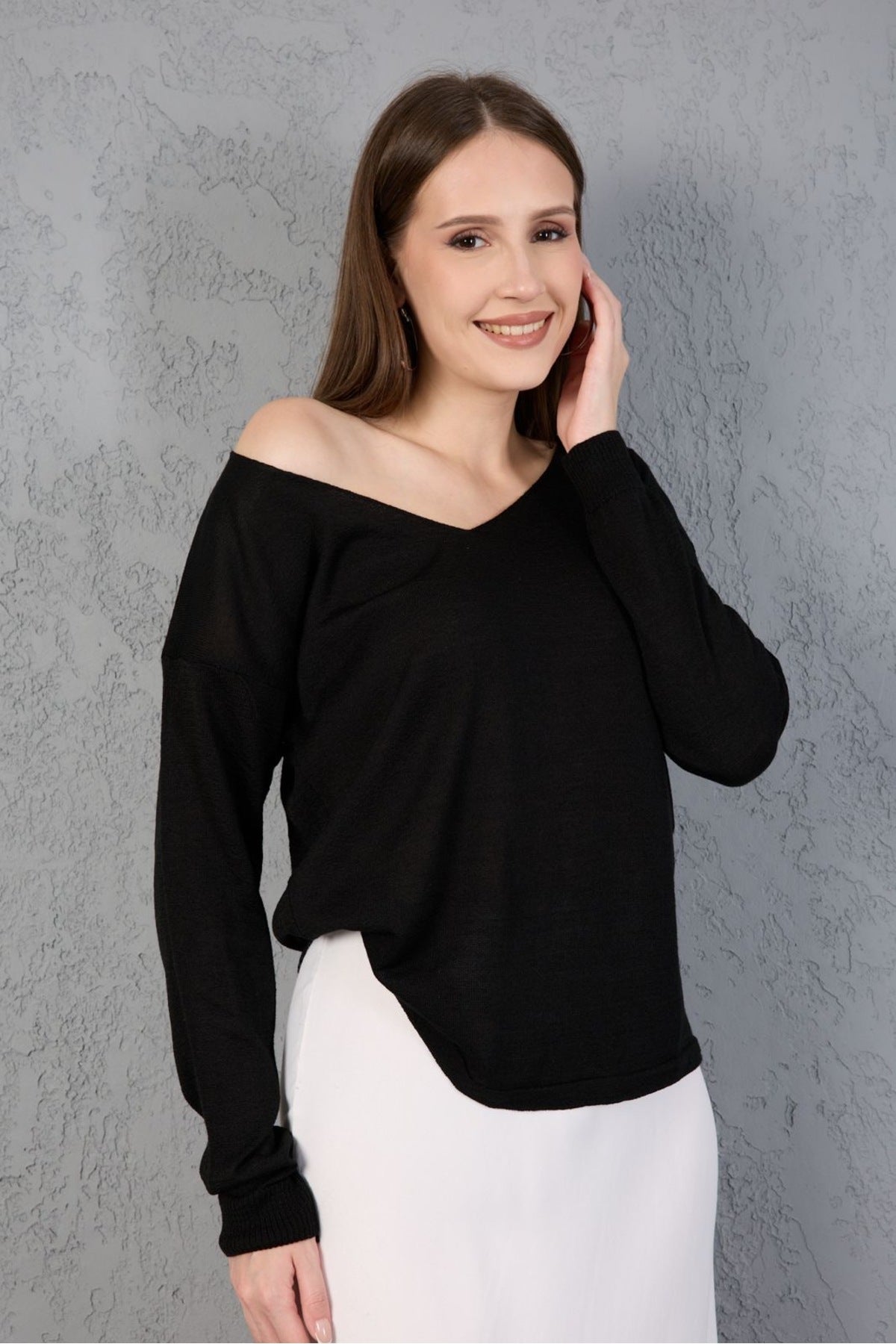 Kadın Triko Kazak V yaka Basic Yumuşak Doku Merserize Trend Ofis Şıklığı 3534