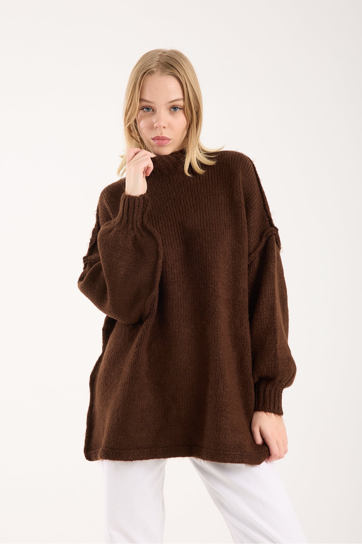 Yumoş ip ters dikiş oversize kadın kazak dik yaka 6513