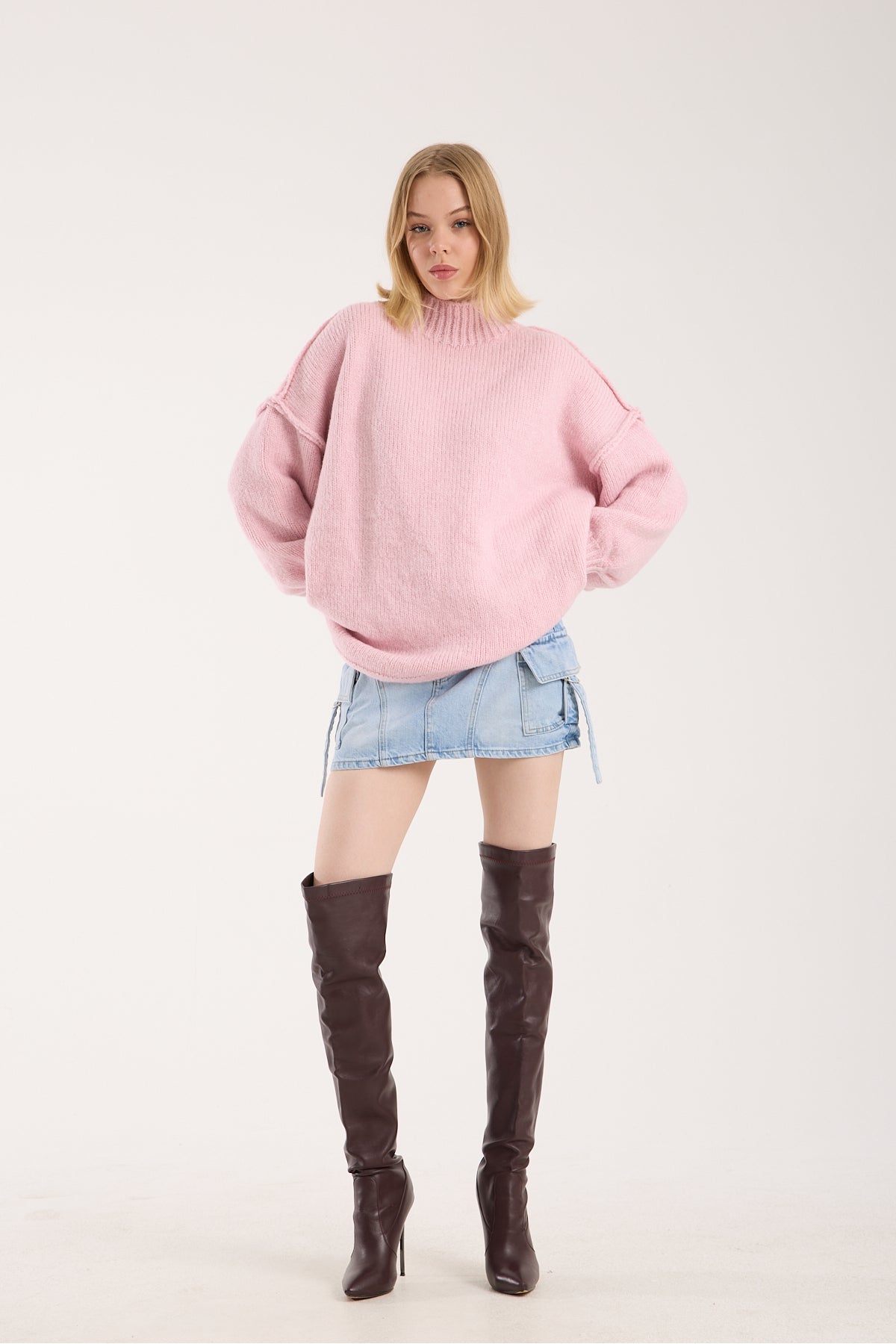 Yumoş ip ters dikiş oversize kadın kazak dik yaka 6513