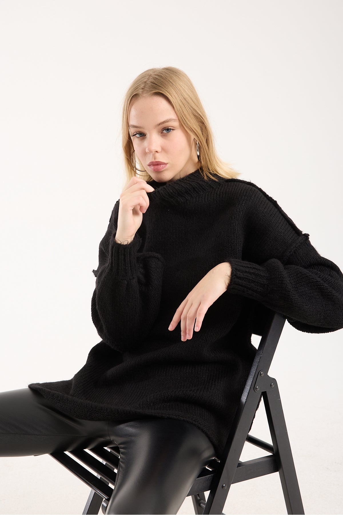 Yumoş ip ters dikiş oversize kadın kazak dik yaka 6513