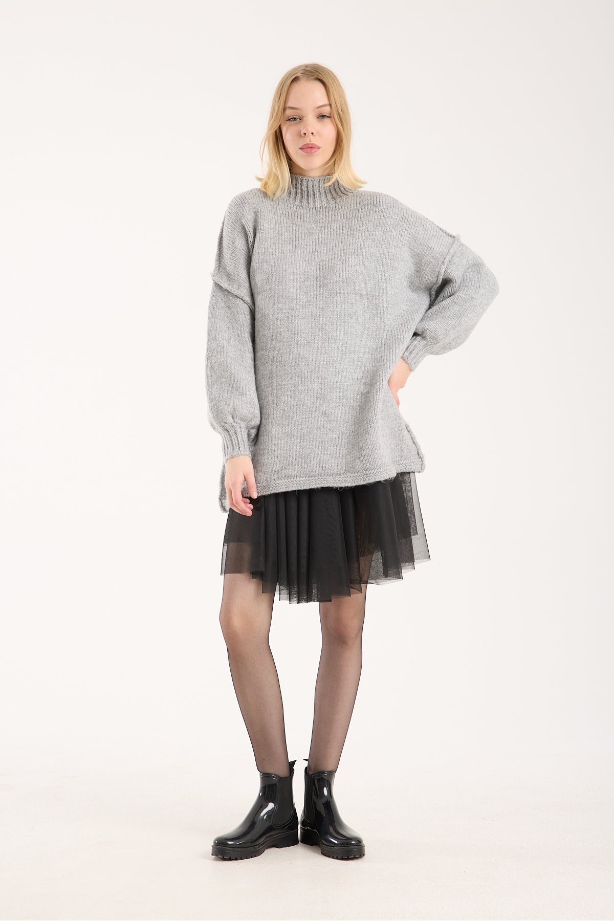 Yumoş ip ters dikiş oversize kadın kazak dik yaka 6513